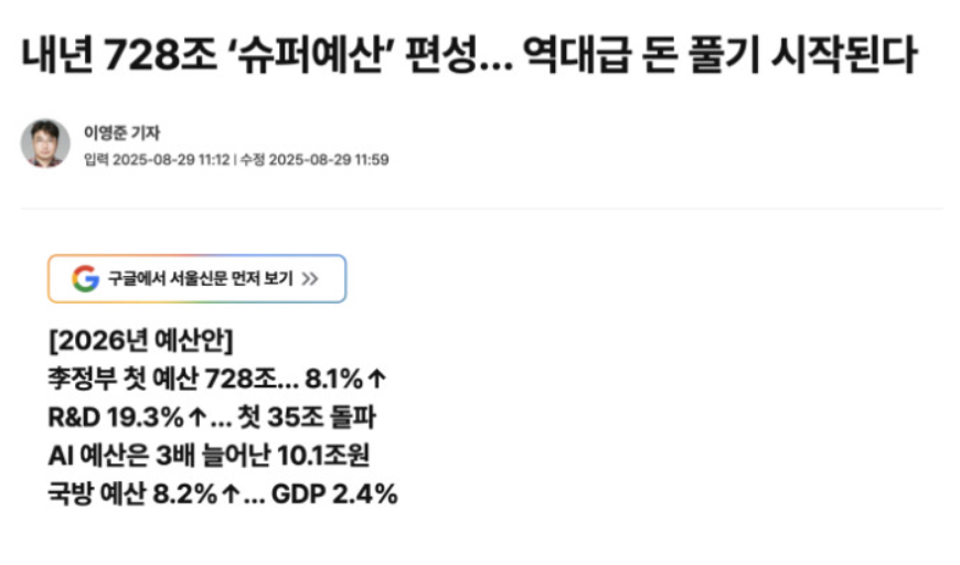 내년 728조 슈퍼예산 편성 관련 기사